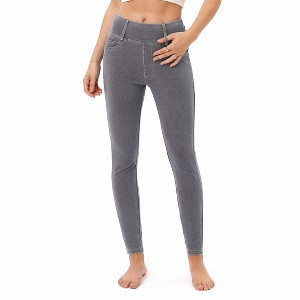 Women's High - Waisted Denim - Look Leggings with Faux Pockets and Contrast Stitching - 1 of 4