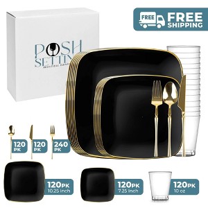 Posh Setting 840 Piece Black And Gold Plastic Party Bundle - Classic Square (120 Settings) - 1 of 4