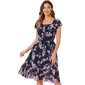 Allegra K Women's Floral Chiffon Flutter Sleeve Belted Square Neck Ruffled Hem Dress - 1 of 4