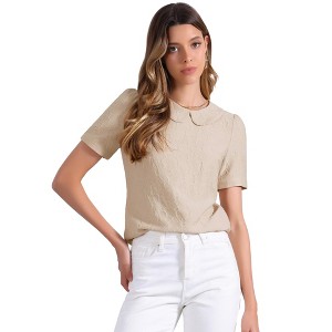 INSPIRE CHIC Women's Floral Jacquard Puff Short Sleeve Peter Pan Collar Blouse - 1 of 4