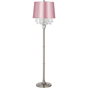 360 Lighting Crystals Traditional 60 1/2" Tall Standing Floor Lamp Skinny Column Foot Switch Silver Satin Steel Finish Bedroom Drum Pink Satin Shade - 1 of 4
