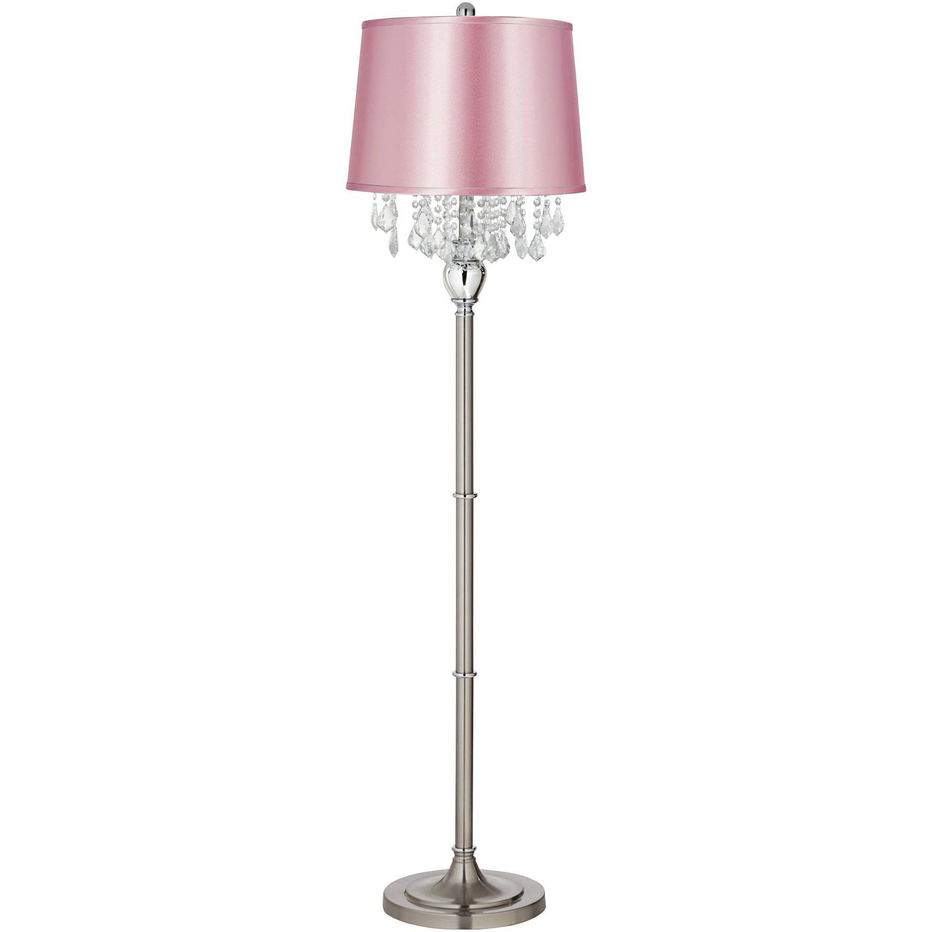 360 Lighting Crystals Traditional 60 1/2" Tall Standing Floor Lamp Skinny Column Foot Switch Silver Satin Steel Finish Bedroom Drum Pink Satin Shade