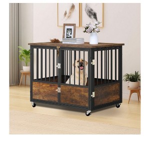 43.3in Double Doors Wooden Dog Kennel Dog Crate Furniture With Wheels For Large And Medium Dogs - 1 of 4