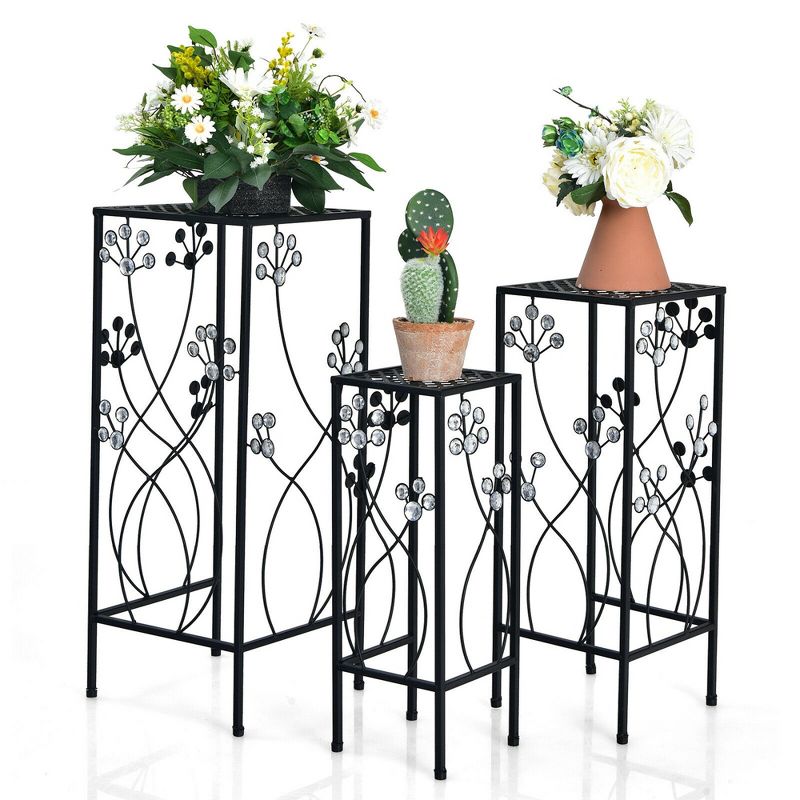 Costway 3 Pcs Metal Plant Stand Set Plant Pot Holder w/Crystal Floral Accents Square, 1 of 10