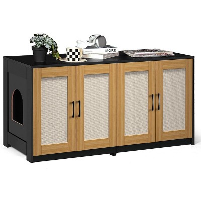 Double Room Litter Box Enclosure, 47 Inch Large Wood Litter Box TV Stand Furniture for 2 Cats with Sisal Doors and Sliding Drawers, Indoor Cat House