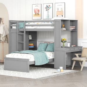 TIRAMISUBEST Twin/Full Size Bunk Bed with a Twin Size Stand-alone Bed, Bulit-in Desk and Wardrobe, Solid Wood Bunk Bedframe with Storage Shelves - 1 of 4