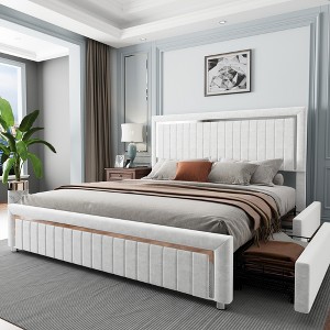 AMERLIFE Upholstered Platform LED Bed Frame with 4 Storage Drawers, Adjustable Headboard with Vertical Channel Design - 1 of 4