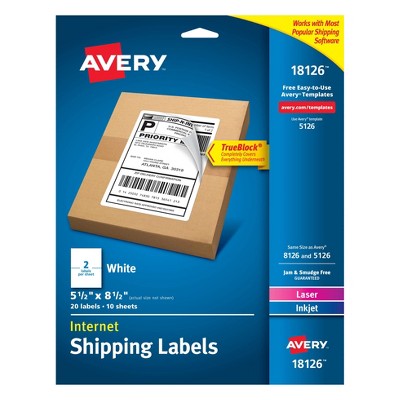 Avery 5 1/2" x 8 1/2" 20ct Internet Shipping Labels - White: Printable Mailing Labels, Avery Template, Printer Compatible