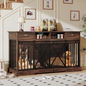 "63"" Large Double Dog Cage Furniture, Wooden Pet Crate with Divider, 2 Storage Drawers & Shelves, Heavy-Duty Kennel, Brown  " - 1 of 4