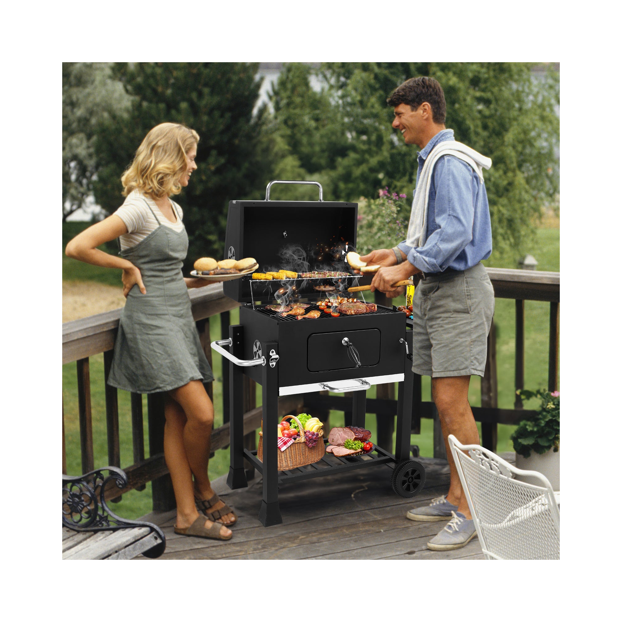 Charcoal Grill with Side Tables