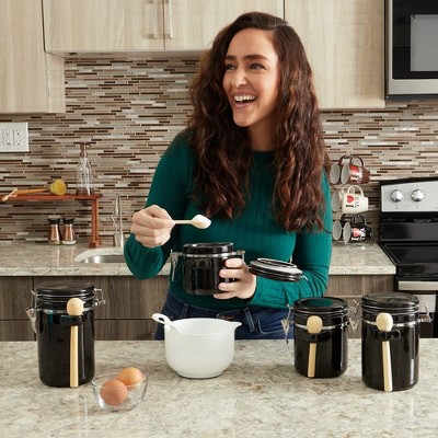 Home Basics 4 Piece Canister Set High Gloss Black Ceramic Kitchen Storage with Wooden Spoons. — фото 5