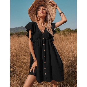 Clearlove Women's Ruffle Babydoll Dress Long/Short Sleeve V Neck High Waist Botton Casual Loose Flowy Swing Pleated Tunic Dress - 1 of 4