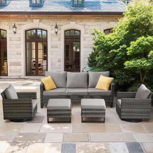 5 Piece Outdoor Patio Furniture Set Wicker Patio Conversation Set, Outdoor Swivel Rocker Chairs with 3-Seater Sofa and 2 Ottomans for Small Space - 1 of 4