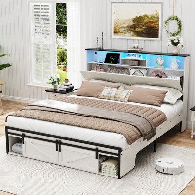 Dolonm Farmhouse Queen/Full size Bed Frame, Platform Bed Frame with Storage Space, Headboard, Drawers,Power Outlet & USB Ports, and LED Lights