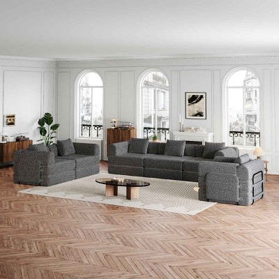 6-Seater Convertible Sofa Bed with Space-Saving Design, Modular Folding Floor Sofa with Side Storage Pockets, Chenille Fabric Sofa-Coolbibila