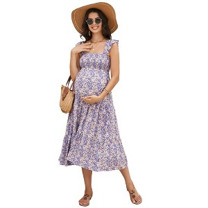 Womens Maternity Dress Summer Sleeveless Smocked Square Neck Ruffle Casual Boho Midi Dress Baby Shower Photoshoot - 1 of 4