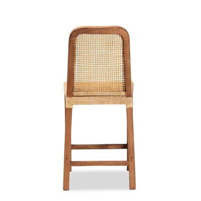Caspia Mid-Century Walnut Brown Wood & Natural Rattan Counter Stool