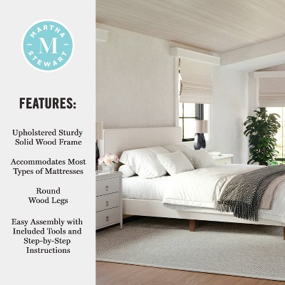 King Beige Linen Upholstered Platform Bed with Walnut Legs