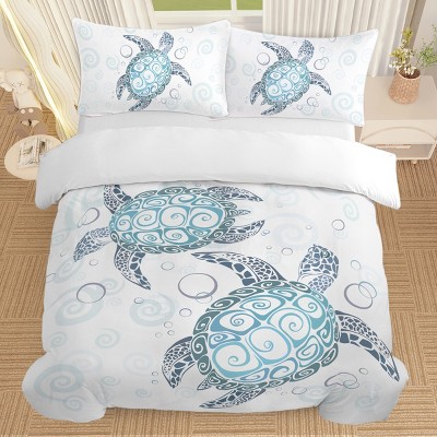 Wikineon Sea Turtle Bedding Aqua Teal Blue Duvet Cover Sets Beach Turtle Bed Sets Ocean 3 Piece Turtle Themed Comforter Cover