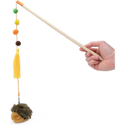 ZippyClaws Hedgehog ZippyStick - Interactive Cat Toy Wand, Cute Kitty Toys, Fun Teaser Stick with Feathered Tassles & Plush Dangling Toy