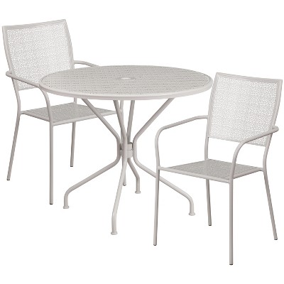 Emma and Oliver Commercial Grade 35.25" Round Metal Garden Patio Table Set, 2 Square Back Chairs