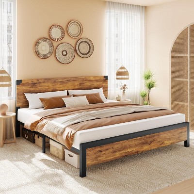 King Size Bed Frame, King Bed Frame with Wooden Headboard, Bed Storage and Metal Legs. Noise-Free, No Box Spring Required, and Easy Assembly