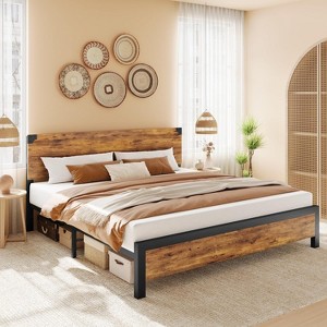 King Size Bed Frame, King Bed Frame with Wooden Headboard, Bed Storage and Metal Legs. Noise-Free, No Box Spring Required, and Easy Assembly - 1 of 4