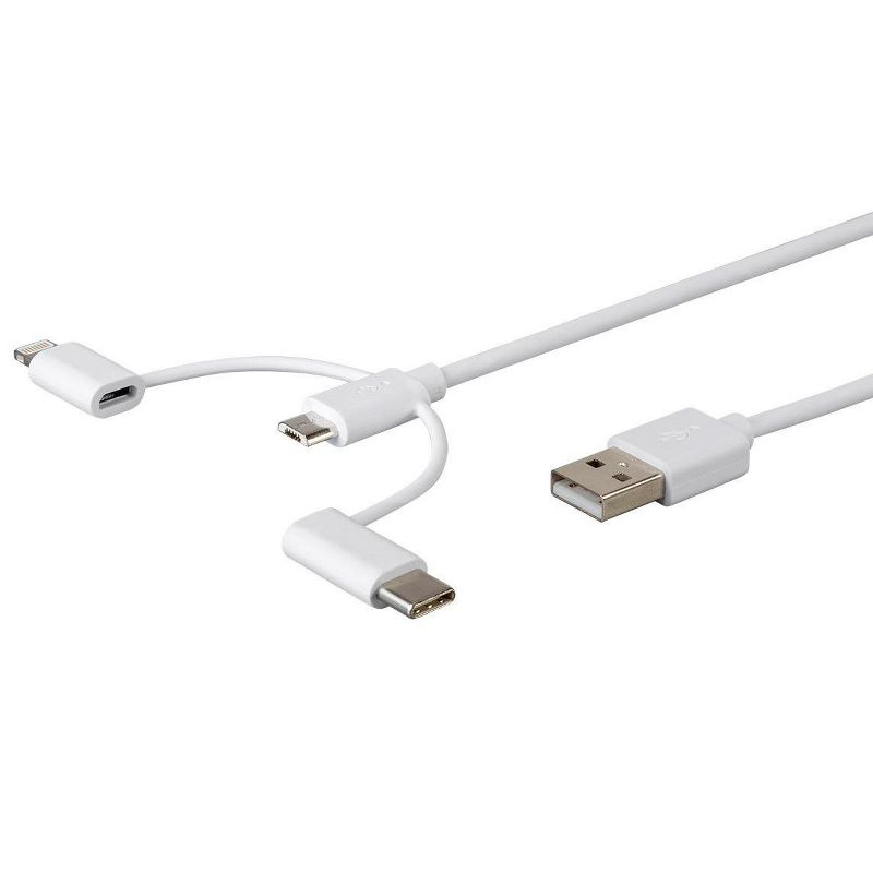 Monoprice MFi Certified USB to Micro USB + USB Type-C + Lightning 3 in 1 Charge & Sync Cable, 3ft White, 1 of 7