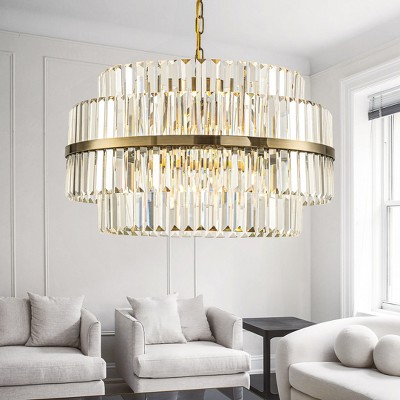 ALOADECOR Modern Antique Brass Round Tiered Chandelier Dimmable Crystal Dining Room Lights