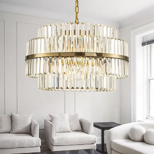 ALOADECOR Modern Antique Brass Round Tiered Chandelier Dimmable Crystal Dining Room Lights - 1 of 4