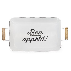 AuldHome Design White Enamelware Bon Appetit Tray; Distressed Farmhouse Style Metal Decorative Serving Platter - 1 of 4