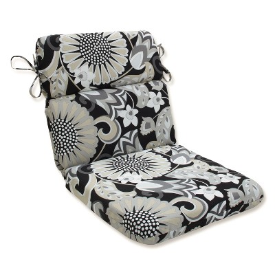 Outdoor/Indoor Sophia Black Rounded Corners Chair Cushion - Pillow Perfect: Weather-Resistant, Ties, Floral Design