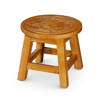 FURNIinspire Ottomans And Benches Carved Wooden Step Stool Fun Designs Premium Rubberwood Versatile Use, Floral Style, Brown, 11.00"*11.00"*10.00"