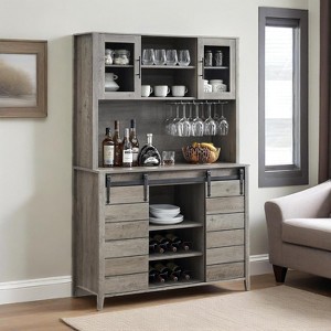 70 Inch Tall Farmhouse Coffee Bar Cabinet with Sliding Barn Door, Rustic Sideboard with 12-Slot Wine Rack and Glass Holder, Multi-Functional Storage - 1 of 4