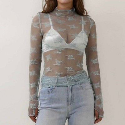 Women’s Floral Lace Slim-Fit Top – Sheer Stretch Tee with Baby Overlock Edge, Sexy & Versatile Cherie Code