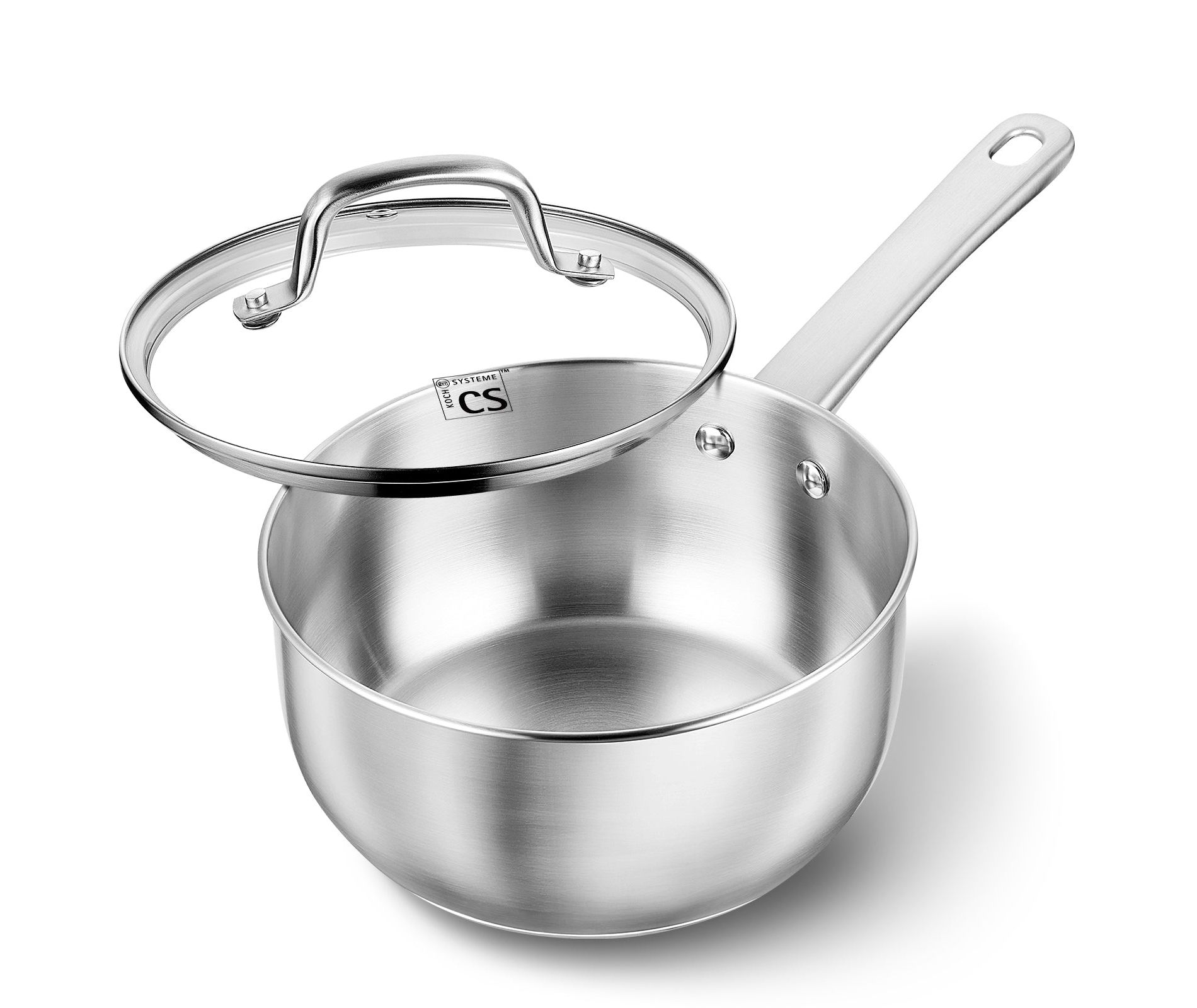KOCH SYSTEME CS Classic 2 qt Stainless Steel Saucepan with Cover: Small Pot, Tempered Glass Lid, Even-Heating, Dishwasher-Safe