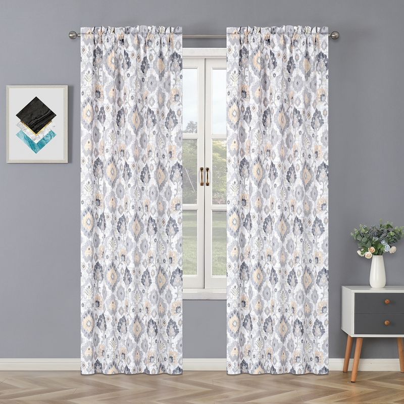 Kate Aurora Contemporary Influencer 2 Piece Water Color Damask Medallion Rod Pocket Window Curtain Panels, 2 of 7