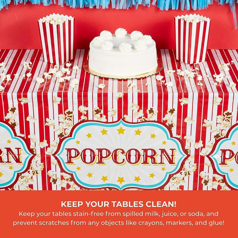 Blue Panda 3 Pack Popcorn Tablecloths for Movie Night, Carnival Party Supplies (54 x 108 in), 2 of 7