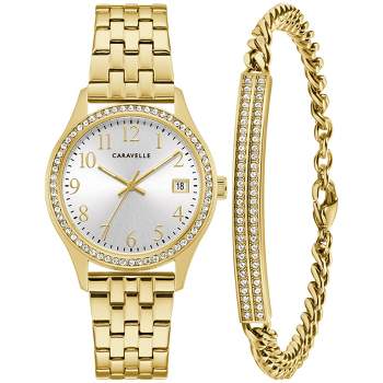 Caravelle designed by Bulova Classic Crystal Accented 3-Hand Date Quartz Watch and Bracelet Gift Set