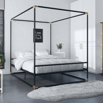 Black Metal Queen Canopy Bed with Gold Accents