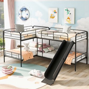 XIYUYEU Twin Size Bunk Bed L-Shaped Metal Quadruple Bed Frame with Slide and Ladder, Black - 1 of 4