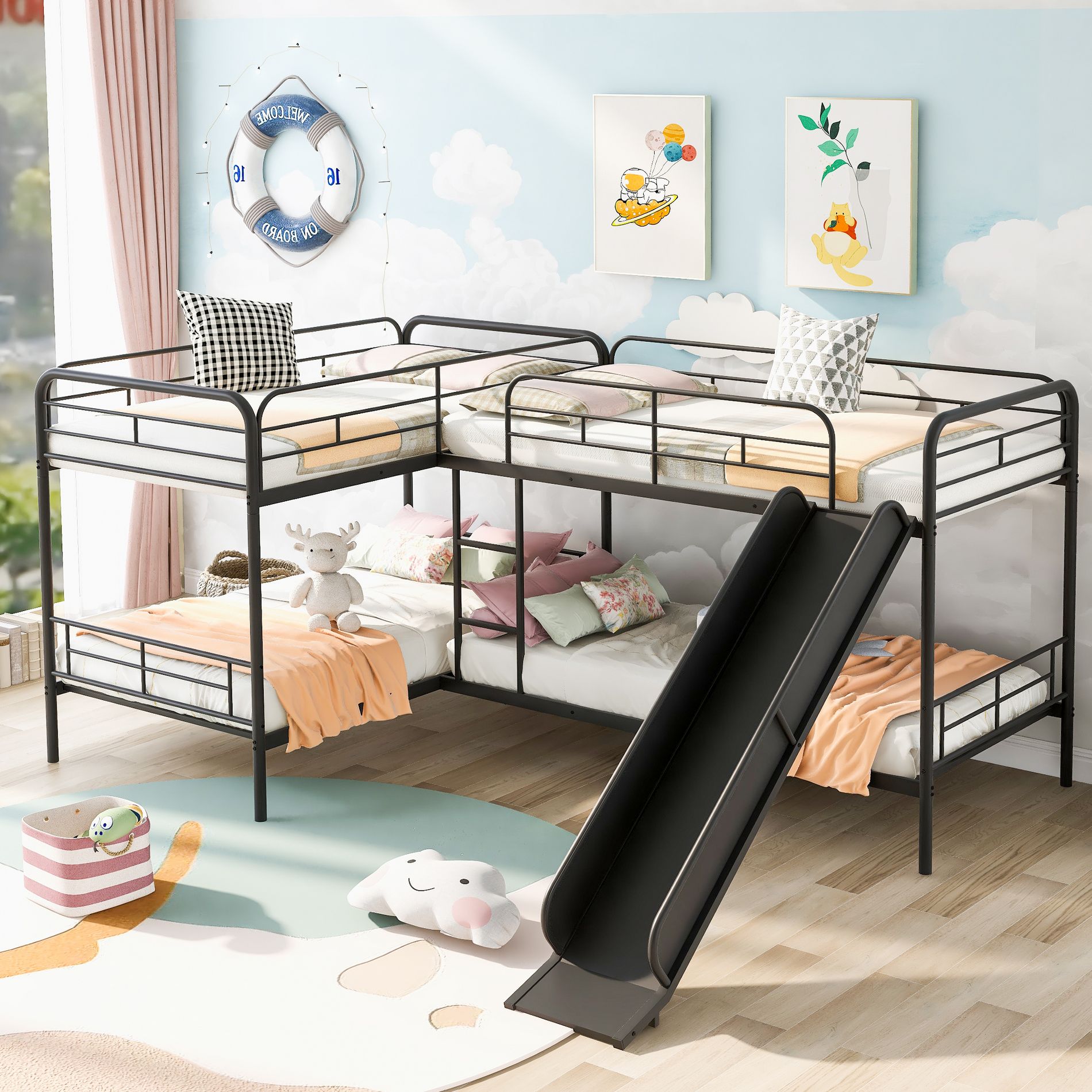 Whisen Morden Twin Size L-Shaped Bunk Bed with Slide and Ladder - Black