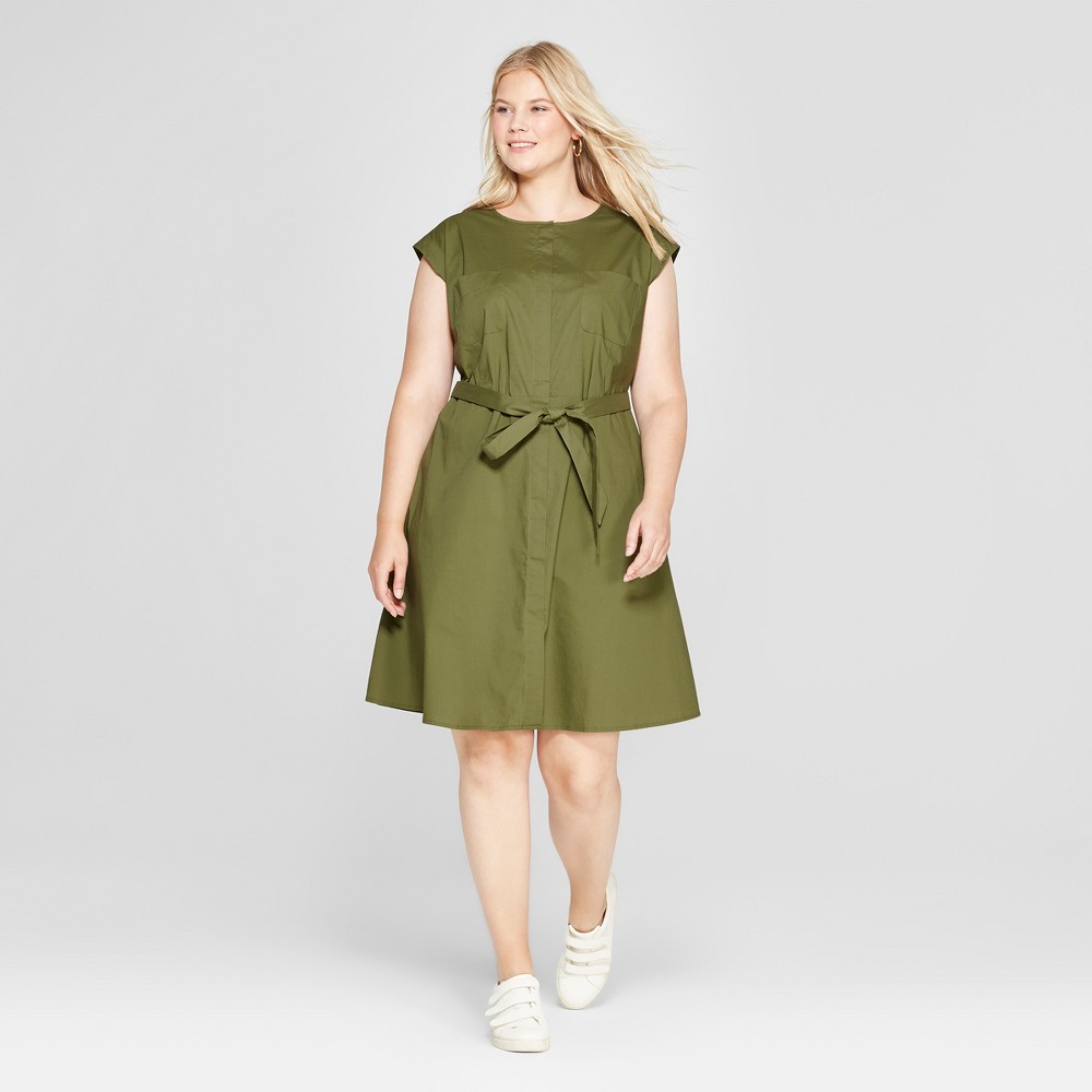 Women's Plus Size Shirt Dress - Ava & Viv Olive 4X, Size: Small, Green was $29.98 now $20.98 (30.0% off)