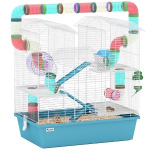 PawHut Large Hamster Cage, 4 Tier Gebril Cage with Tubes, Exercise Wheel, Hut, Water Bottle, Food Dish, Ramps, 22.8" x 14.2" x 25.6", Light Blue - 1 of 4