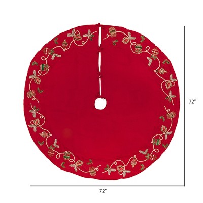 72" Red Velvet Beaded Christmas Tree Skirt with Sequins and Jewels