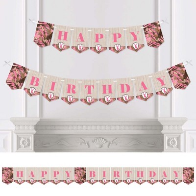 Big Dot of Happiness Pink Gone Hunting - Deer Hunting Girl Camo Birthday Party Bunting Banner - Birthday Party Decorations - Happy Birthday