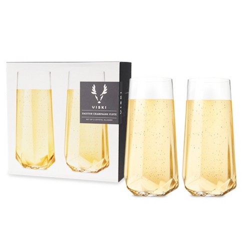 Viski Raye Faceted Crystal Champagne Flutes Set of 2 - Premium Crystal  Clear Glass, Modern Stemless, Champagne Glass Gift Set - 10oz