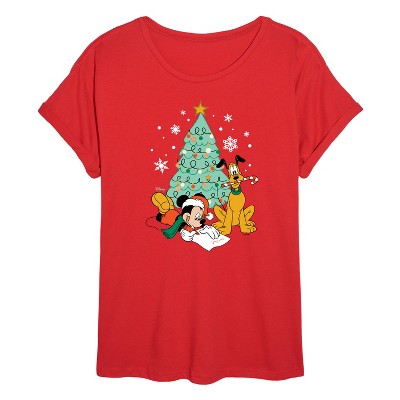 Women's - Disney - Mickey And Pluto Xmas Tree Oversized Graphic T-Shirt