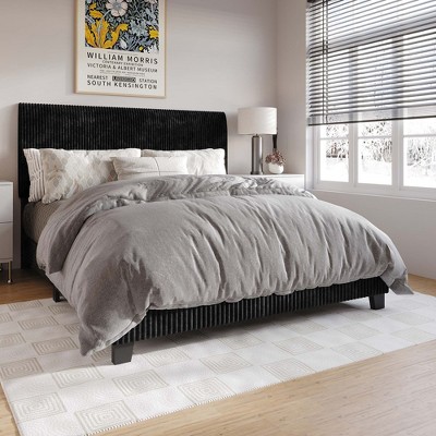 Black Velvet Upholstered Queen Bed with Storage Drawers