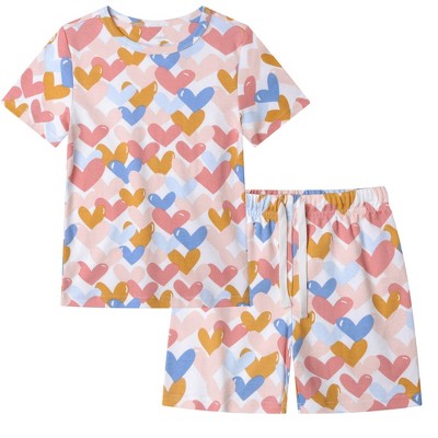 Owlivia Organic Cotton Girl's Short Sleeve Pajama Sets, Baby Summer 2Pc Sleepwear - Colorful Heart